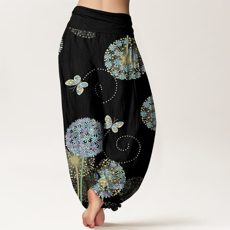 Buddha Stones Pantalon harem à taille élastique pour femme, en coton à motif pissenlit et papillons, style rêveur - image 1