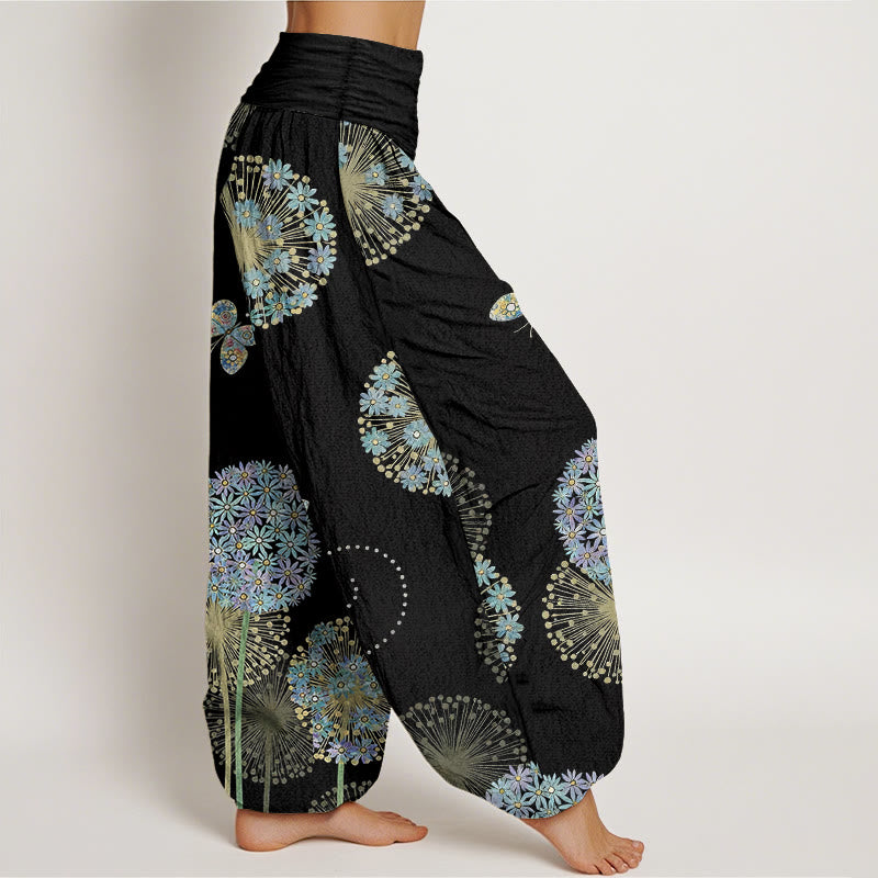 Buddha Stones Pantalon harem à taille élastique pour femme, en coton à motif pissenlit et papillons, style rêveur - image 2