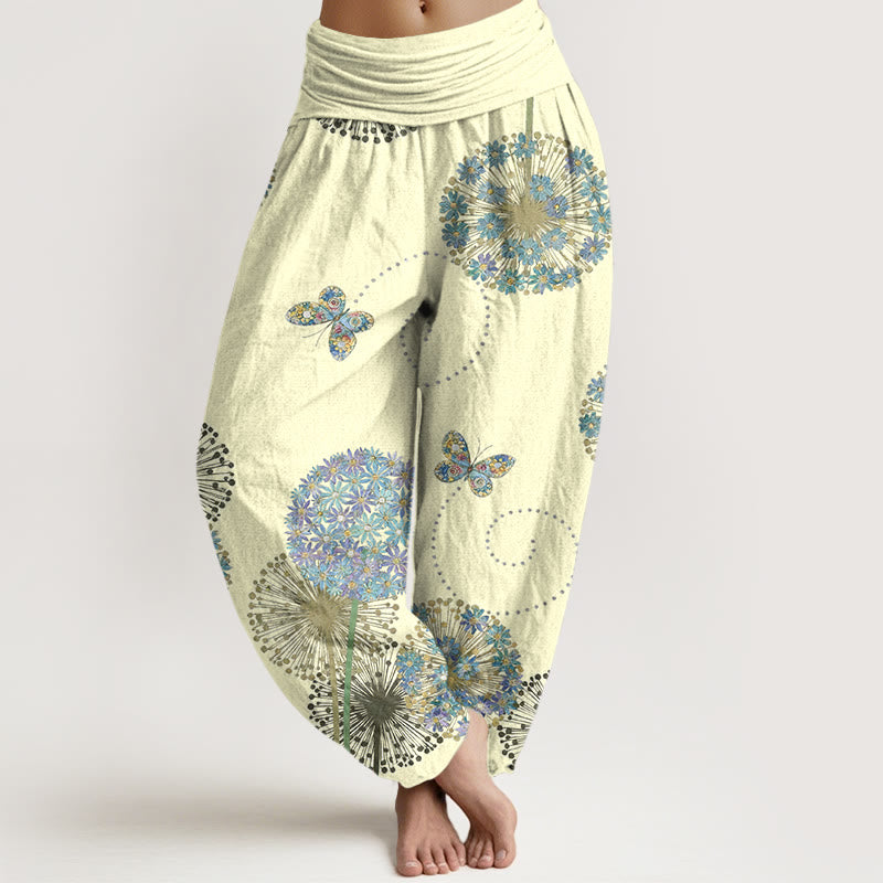 Buddha Stones Pantalon harem à taille élastique pour femme, en coton à motif pissenlit et papillons, style rêveur - LemonChiffon - US16，UK/AU20，EU48 (3XL) - image 5