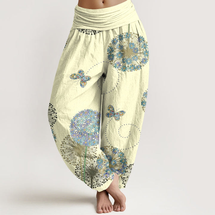 Buddha Stones Pantalon harem à taille élastique pour femme, en coton à motif pissenlit et papillons, style rêveur - LemonChiffon - US16，UK/AU20，EU48 (3XL) - image 5