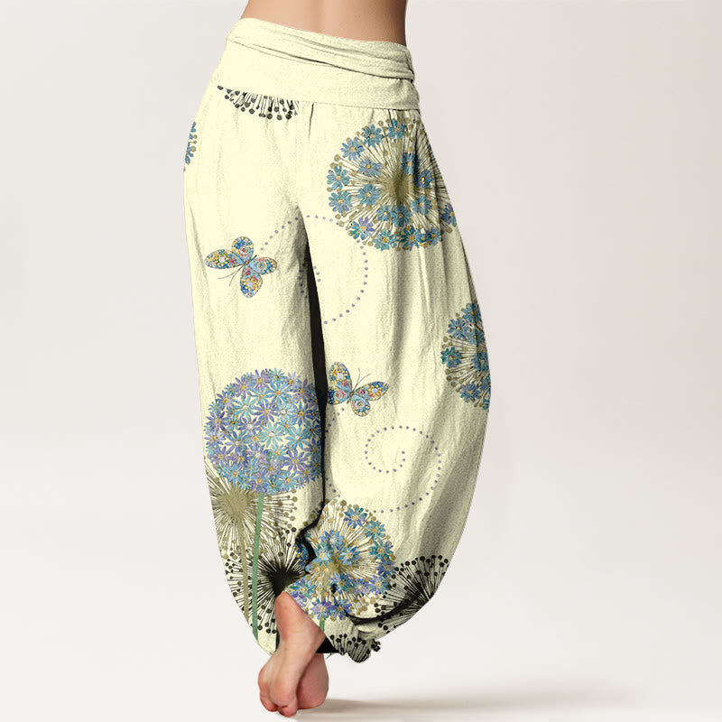 Buddha Stones Pantalon harem à taille élastique pour femme, en coton à motif pissenlit et papillons, style rêveur - image 6