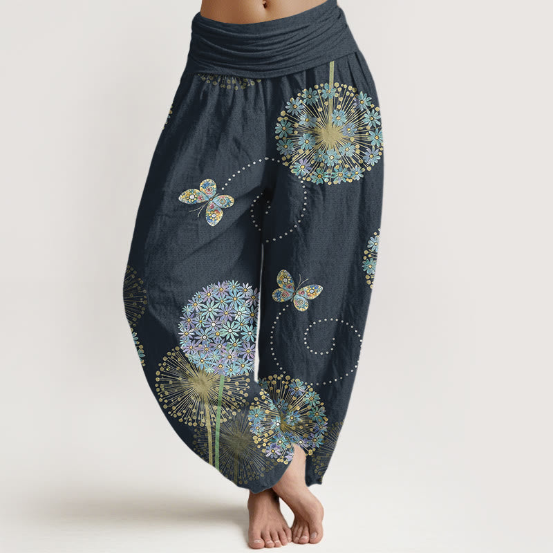 Buddha Stones Pantalon harem à taille élastique pour femme, en coton à motif pissenlit et papillons, style rêveur - Gris ardoise foncé - US16，UK/AU20，EU48 (3XL) - image 8