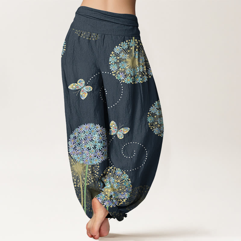 Buddha Stones Pantalon harem à taille élastique pour femme, en coton à motif pissenlit et papillons, style rêveur - image 9