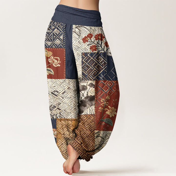 Buddha Stones Pantalon harem pour femme en coton à blocs de couleurs et motif géométrique floral, taille élastique - image 1