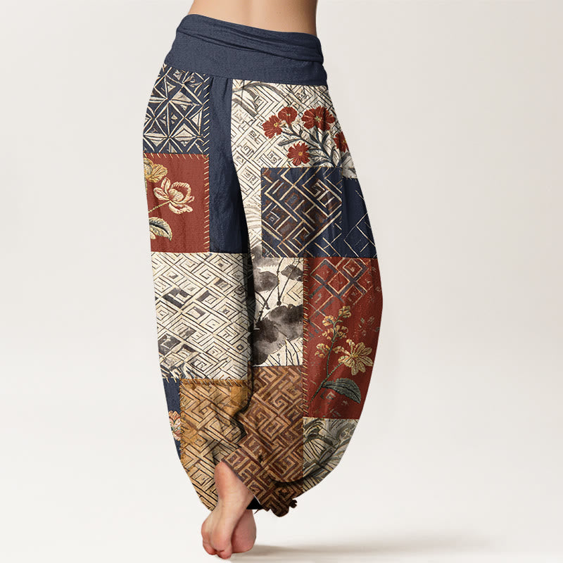 Buddha Stones Pantalon harem pour femme en coton à blocs de couleurs et motif géométrique floral, taille élastique - image 1