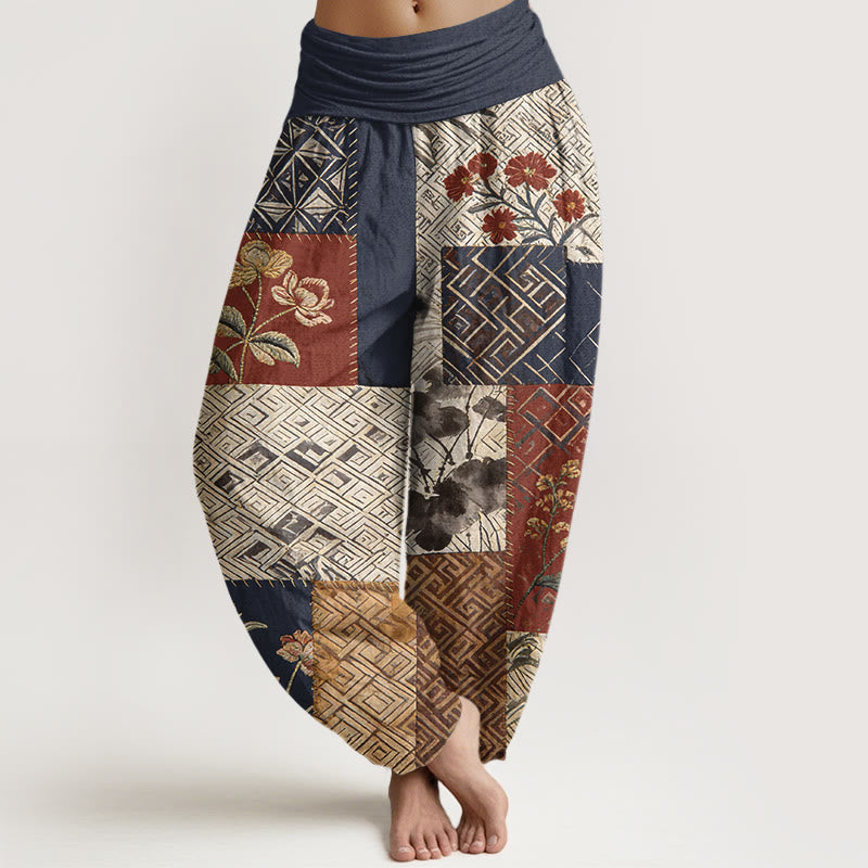 Buddha Stones Pantalon harem pour femme en coton à blocs de couleurs et motif géométrique floral, taille élastique - Bleu nuit - US16，UK/AU20，EU48 (3XL) - image 0