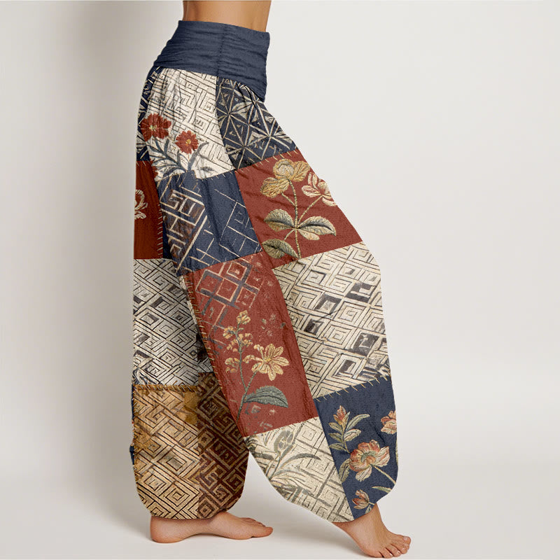 Buddha Stones Pantalon harem pour femme en coton à blocs de couleurs et motif géométrique floral, taille élastique - image 2