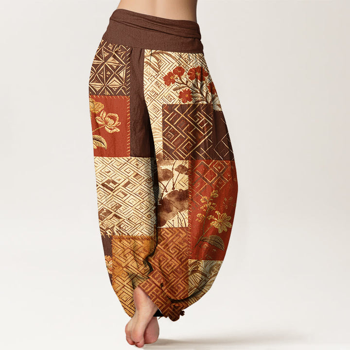 Buddha Stones Pantalon harem pour femme en coton à blocs de couleurs et motif géométrique floral, taille élastique - image 6