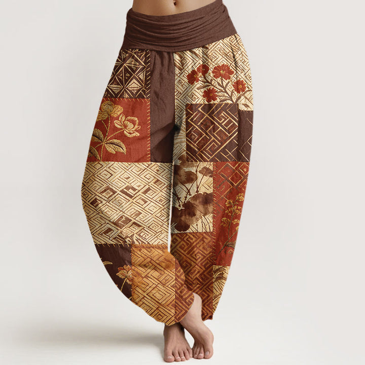 Buddha Stones Pantalon harem pour femme en coton à blocs de couleurs et motif géométrique floral, taille élastique - Brun - US16，UK/AU20，EU48 (3XL) - image 5