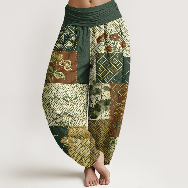 Buddha Stones Pantalon harem pour femme en coton à blocs de couleurs et motif géométrique floral, taille élastique - Vert foncé - US16，UK/AU20，EU48 (3XL) - image 8