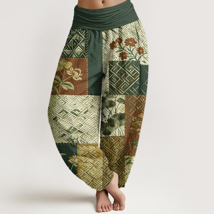 Buddha Stones Pantalon harem pour femme en coton à blocs de couleurs et motif géométrique floral, taille élastique - Vert foncé - US16，UK/AU20，EU48 (3XL) - image 8