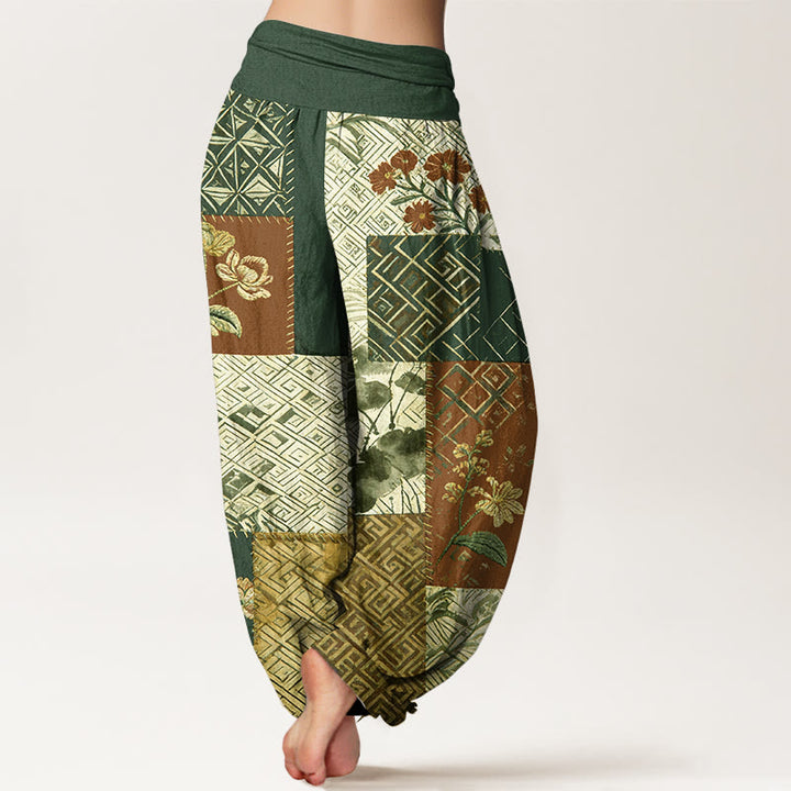 Buddha Stones Pantalon harem pour femme en coton à blocs de couleurs et motif géométrique floral, taille élastique - image 9