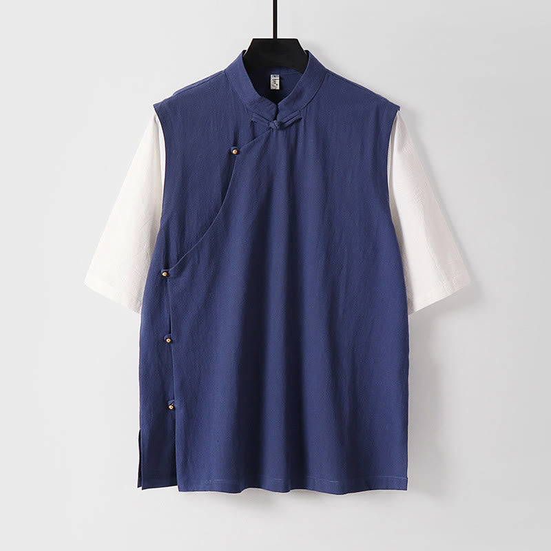 Buddha Stones Chemise d'été 2 en 1 à rayures, col montant, manches courtes et boutons brandebourg pour homme en coton - Bleu foncé - US/UK/AU54，EU64 (9XL) - image 14