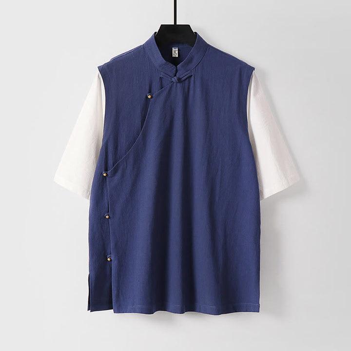 Buddha Stones Chemise d'été 2 en 1 à rayures, col montant, manches courtes et boutons brandebourg pour homme en coton - Bleu foncé - US/UK/AU54，EU64 (9XL) - image 14