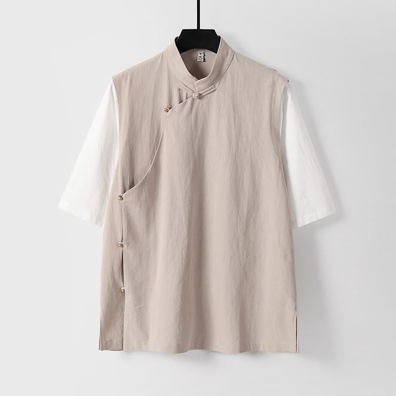 Buddha Stones Chemise d'été 2 en 1 à rayures, col montant, manches courtes et boutons brandebourg pour homme en coton - Amandes blanchies - US/UK/AU54，EU64 (9XL) - image 6