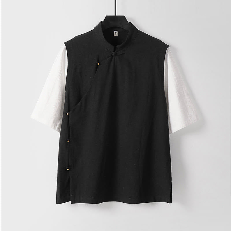 Buddha Stones Chemise d'été 2 en 1 à rayures, col montant, manches courtes et boutons brandebourg pour homme en coton - Noir - US/UK/AU54，EU64 (9XL) - image 4