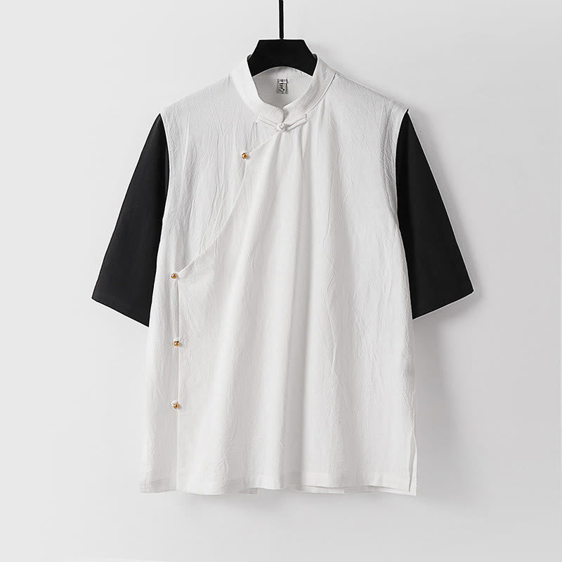 Buddha Stones Chemise d'été 2 en 1 à rayures, col montant, manches courtes et boutons brandebourg pour homme en coton - Blanc - US/UK/AU54，EU64 (9XL) - image 2