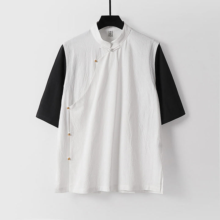 Buddha Stones Chemise d'été 2 en 1 à rayures, col montant, manches courtes et boutons brandebourg pour homme en coton - Blanc - US/UK/AU54，EU64 (9XL) - image 2