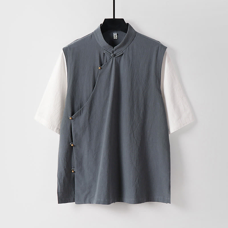 Buddha Stones Chemise d'été 2 en 1 à rayures, col montant, manches courtes et boutons brandebourg pour homme en coton - Gris - US/UK/AU54，EU64 (9XL) - image 0