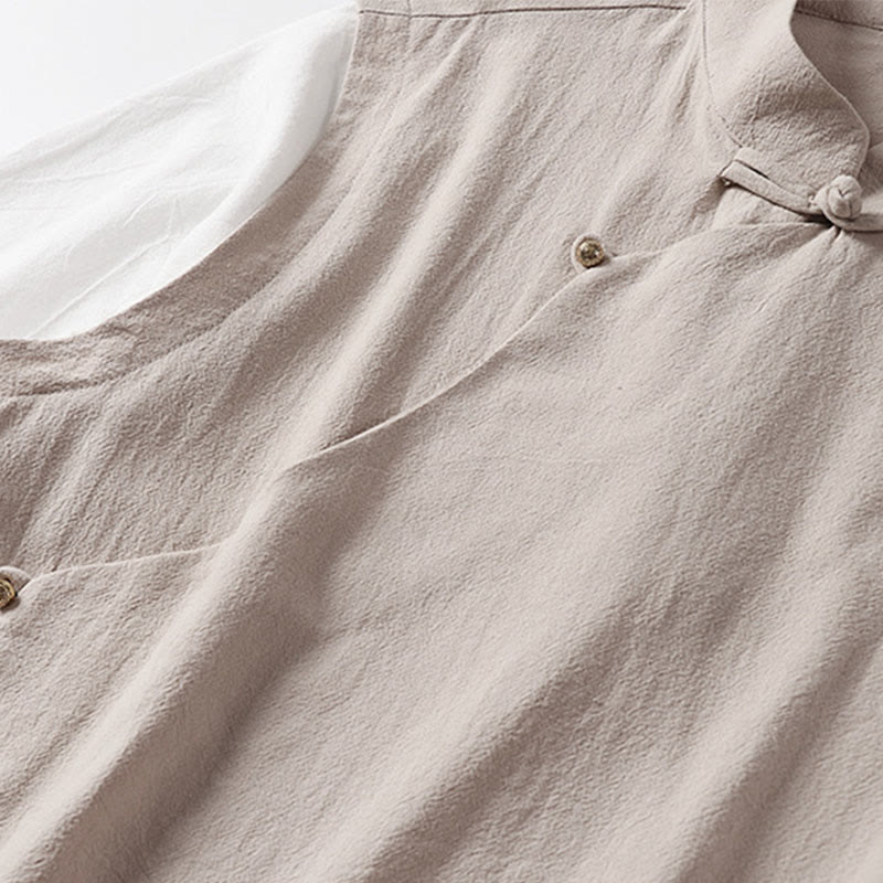 Buddha Stones Chemise d'été 2 en 1 à rayures, col montant, manches courtes et boutons brandebourg pour homme en coton - image 9