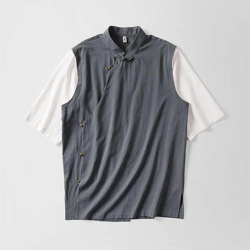 Buddha Stones Chemise d'été 2 en 1 à rayures, col montant, manches courtes et boutons brandebourg pour homme en coton - image 1