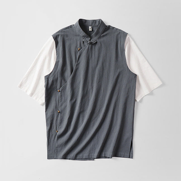 Buddha Stones Chemise d'été 2 en 1 à rayures, col montant, manches courtes et boutons brandebourg pour homme en coton - image 1