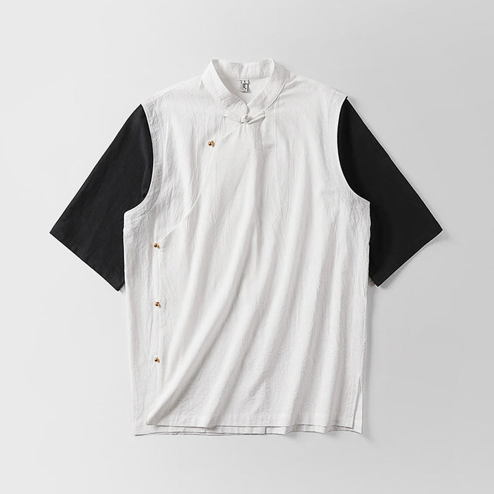 Buddha Stones Chemise d'été 2 en 1 à rayures, col montant, manches courtes et boutons brandebourg pour homme en coton - image 3