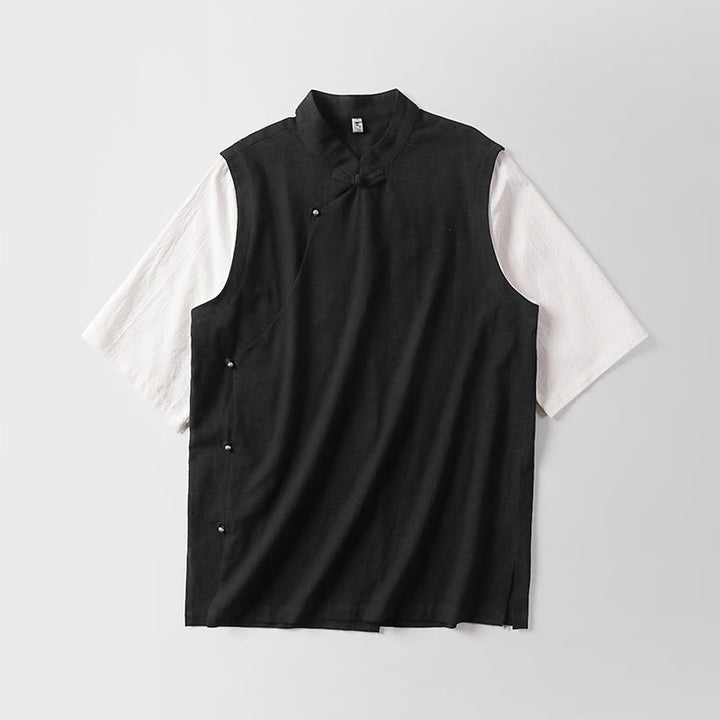 Buddha Stones Chemise d'été 2 en 1 à rayures, col montant, manches courtes et boutons brandebourg pour homme en coton - image 5