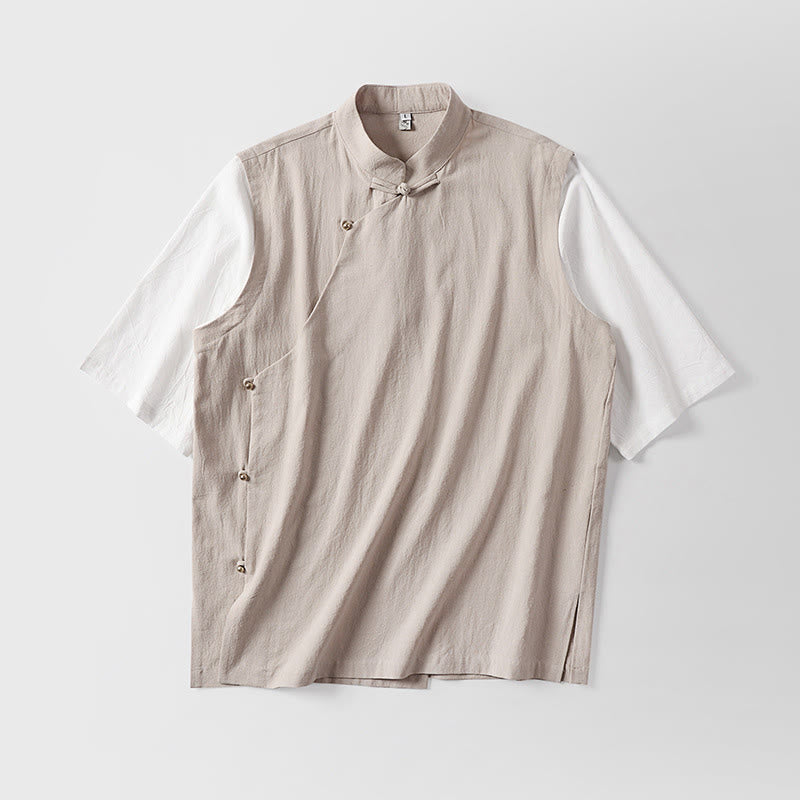 Buddha Stones Chemise d'été 2 en 1 à rayures, col montant, manches courtes et boutons brandebourg pour homme en coton - image 7