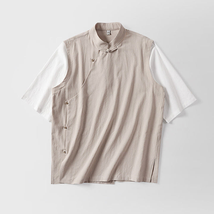 Buddha Stones Chemise d'été 2 en 1 à rayures, col montant, manches courtes et boutons brandebourg pour homme en coton - image 7