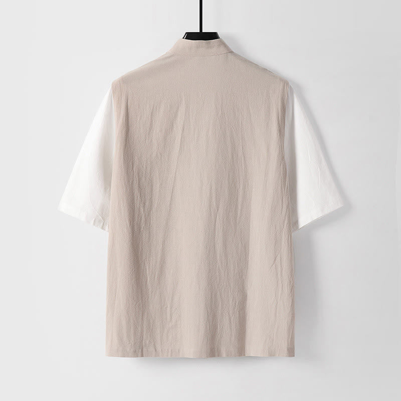 Buddha Stones Chemise d'été 2 en 1 à rayures, col montant, manches courtes et boutons brandebourg pour homme en coton - image 8