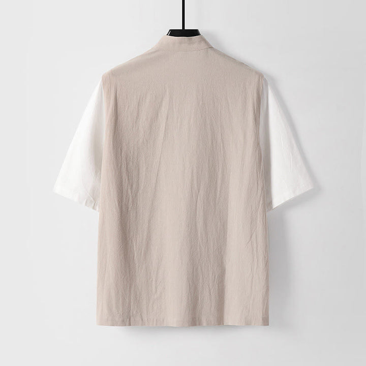 Buddha Stones Chemise d'été 2 en 1 à rayures, col montant, manches courtes et boutons brandebourg pour homme en coton - image 8