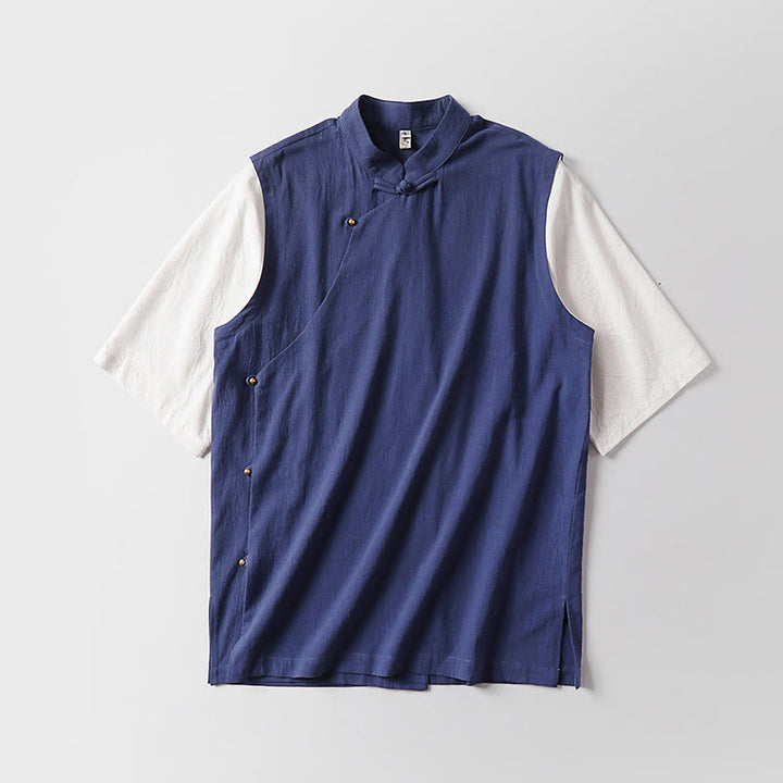 Buddha Stones Chemise d'été 2 en 1 à rayures, col montant, manches courtes et boutons brandebourg pour homme en coton - image 15