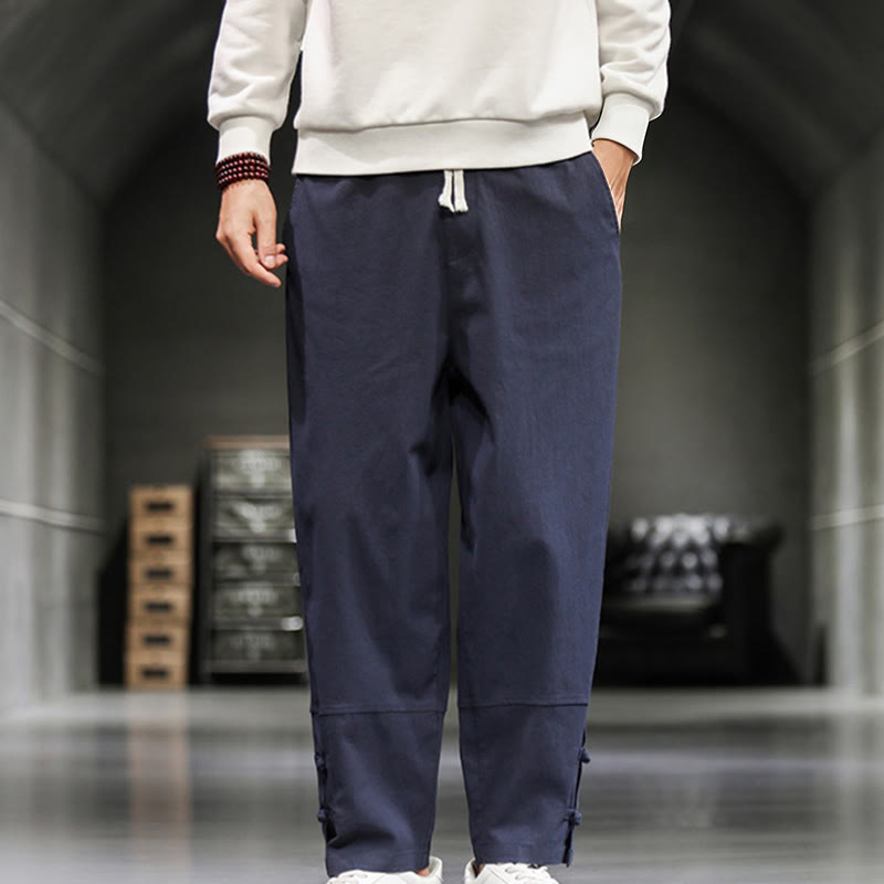 Buddha Stones Pantalon en coton pour homme, longueur cheville, taille élastique avec cordon de serrage et boutons brandebourg. - Bleu foncé - US/UK/AU46，EU56 (5XL) - image 29