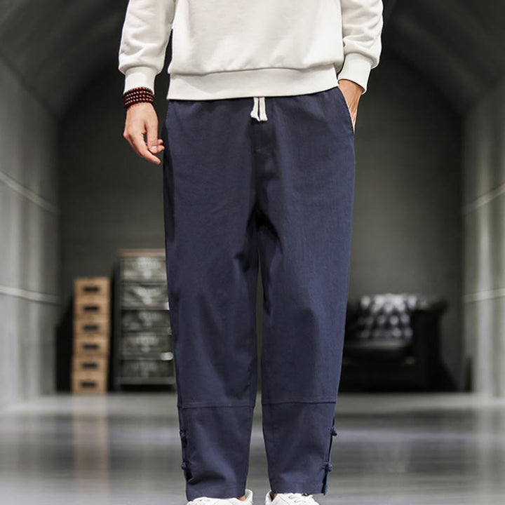 Buddha Stones Pantalon en coton pour homme, longueur cheville, taille élastique avec cordon de serrage et boutons brandebourg. - Bleu foncé - US/UK/AU46，EU56 (5XL) - image 29