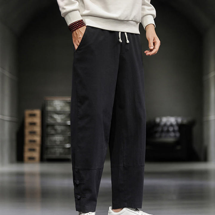 Buddha Stones Pantalon en coton pour homme, longueur cheville, taille élastique avec cordon de serrage et boutons brandebourg. - image 18