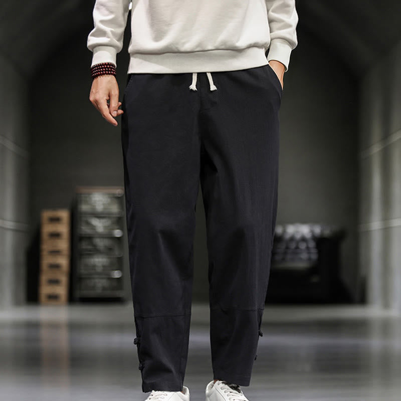 Buddha Stones Pantalon en coton pour homme, longueur cheville, taille élastique avec cordon de serrage et boutons brandebourg. - Noir - US/UK/AU46，EU56 (5XL) - image 17