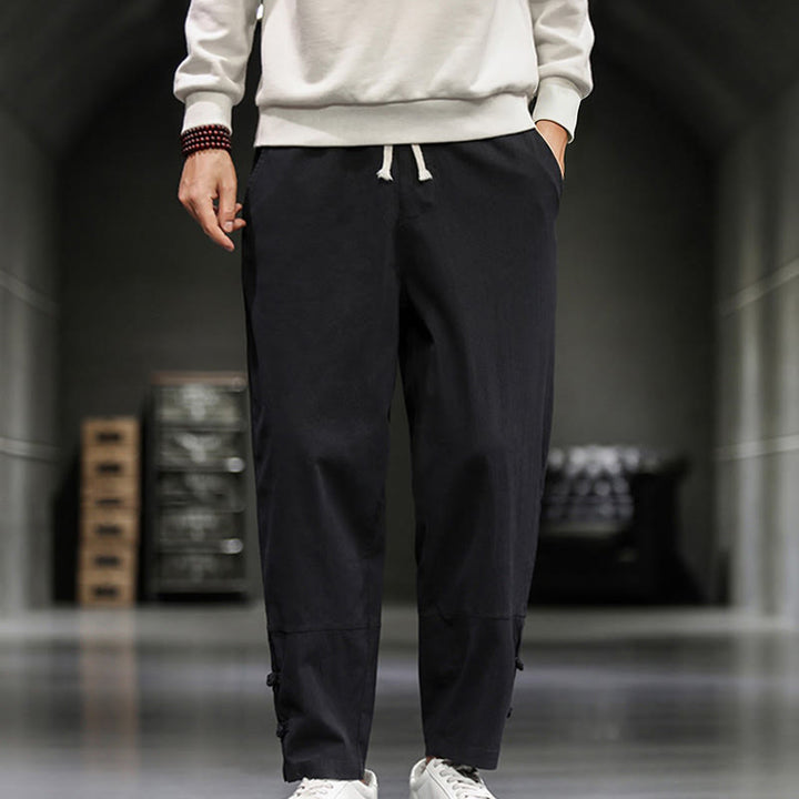 Buddha Stones Pantalon en coton pour homme, longueur cheville, taille élastique avec cordon de serrage et boutons brandebourg. - Noir - US/UK/AU46，EU56 (5XL) - image 17