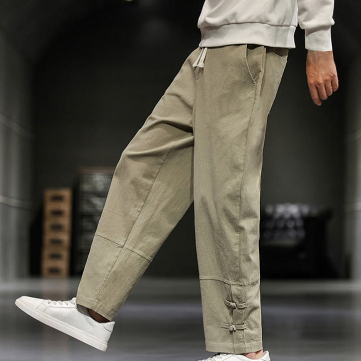 Buddha Stones Pantalon en coton pour homme, longueur cheville, taille élastique avec cordon de serrage et boutons brandebourg. - image 4