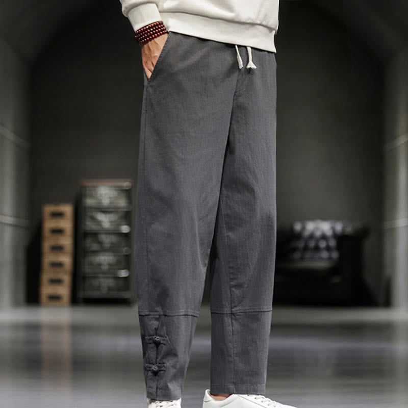 Buddha Stones Pantalon en coton pour homme, longueur cheville, taille élastique avec cordon de serrage et boutons brandebourg. - image 11