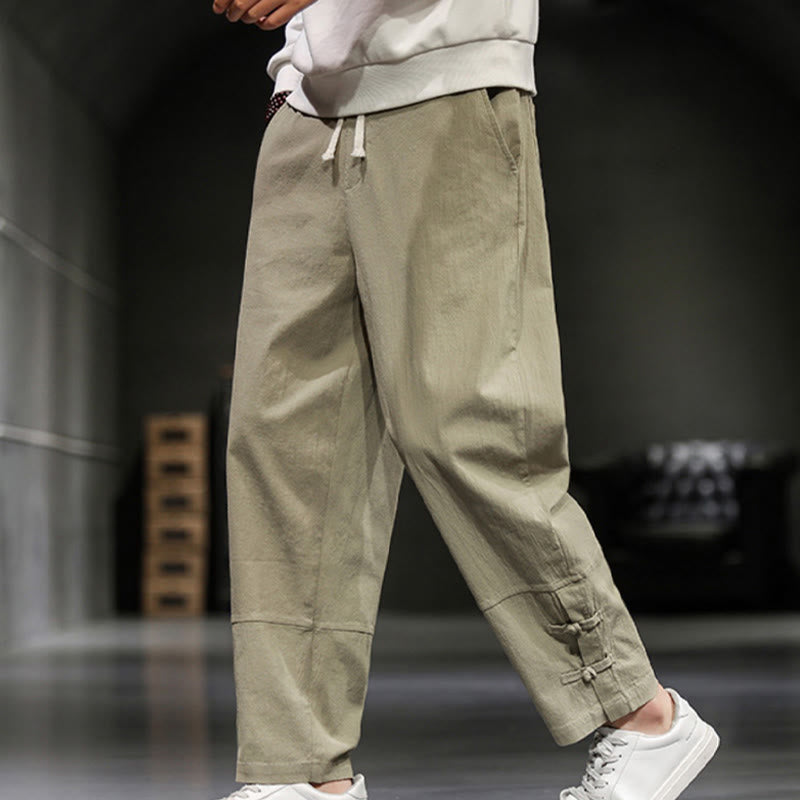 Buddha Stones Pantalon en coton pour homme, longueur cheville, taille élastique avec cordon de serrage et boutons brandebourg. - image 6