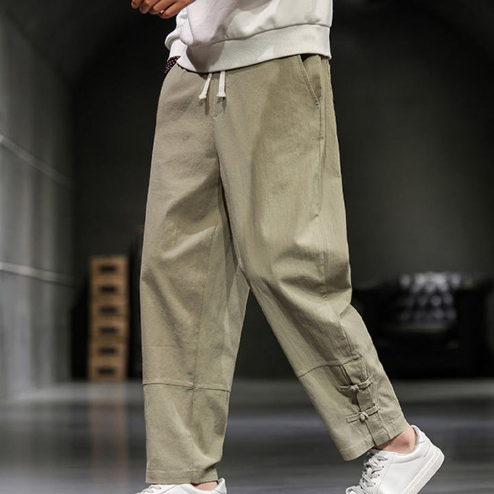 Buddha Stones Pantalon en coton pour homme, longueur cheville, taille élastique avec cordon de serrage et boutons brandebourg. - image 6