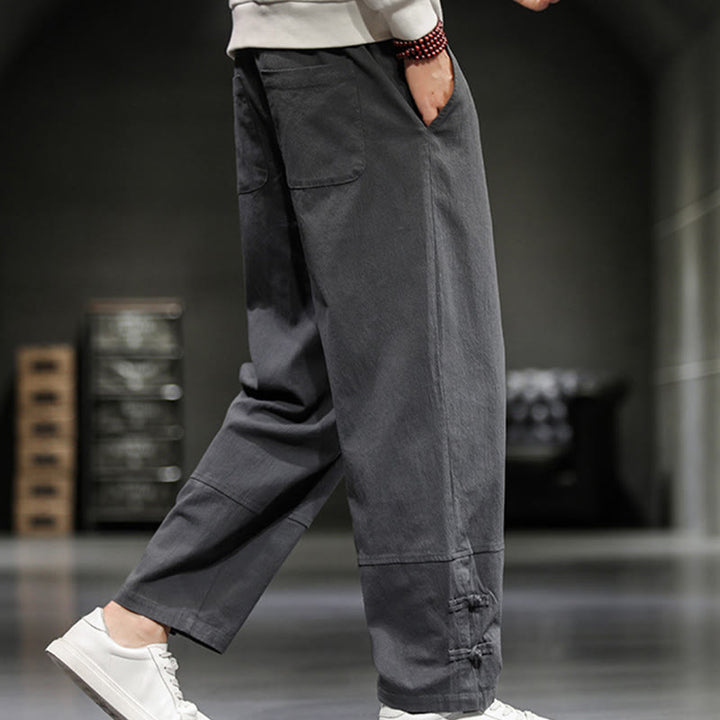 Buddha Stones Pantalon en coton pour homme, longueur cheville, taille élastique avec cordon de serrage et boutons brandebourg. - image 15
