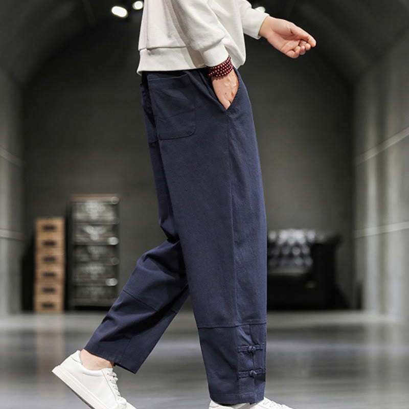 Buddha Stones Pantalon en coton pour homme, longueur cheville, taille élastique avec cordon de serrage et boutons brandebourg. - image 35
