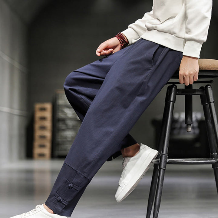 Buddha Stones Pantalon en coton pour homme, longueur cheville, taille élastique avec cordon de serrage et boutons brandebourg. - image 33