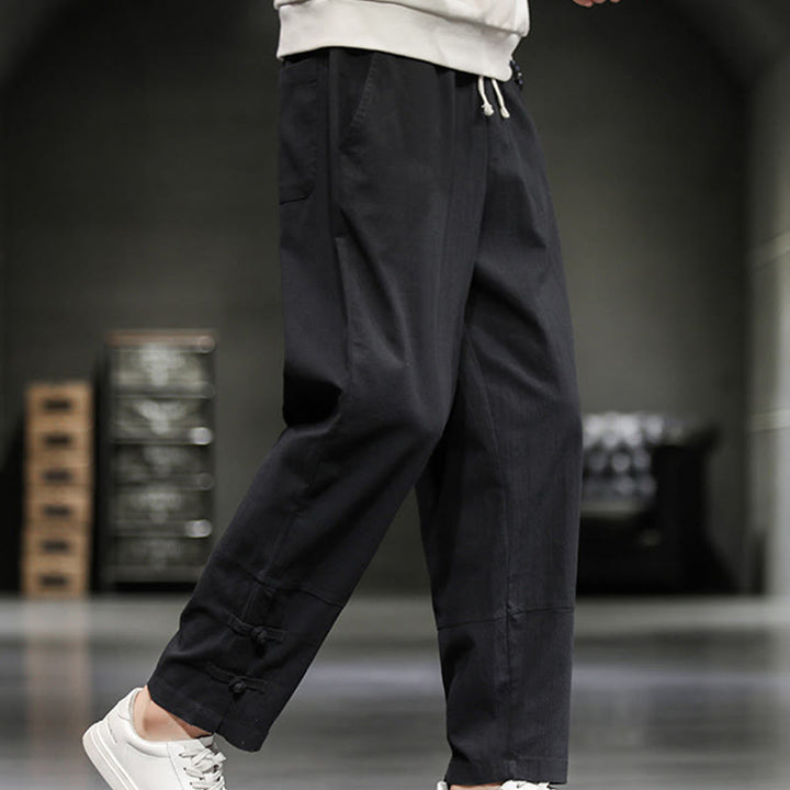 Buddha Stones Pantalon en coton pour homme, longueur cheville, taille élastique avec cordon de serrage et boutons brandebourg. - image 19