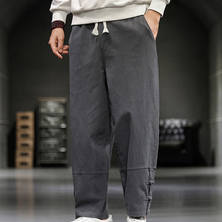 Buddha Stones Pantalon en coton pour homme, longueur cheville, taille élastique avec cordon de serrage et boutons brandebourg. - image 10
