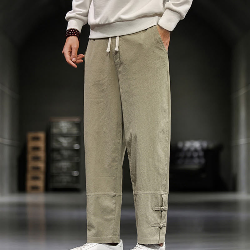 Buddha Stones Pantalon en coton pour homme, longueur cheville, taille élastique avec cordon de serrage et boutons brandebourg. - image 2