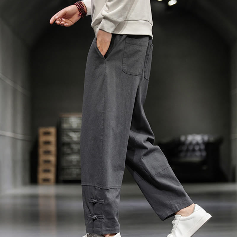 Buddha Stones Pantalon en coton pour homme, longueur cheville, taille élastique avec cordon de serrage et boutons brandebourg. - image 14