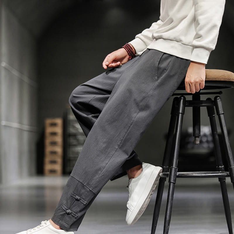 Buddha Stones Pantalon en coton pour homme, longueur cheville, taille élastique avec cordon de serrage et boutons brandebourg. - image 12